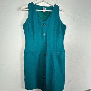 Sake Womens Teal Sleeveless Button-Front Mini Dress Size 4P Linen Blend V-Neck